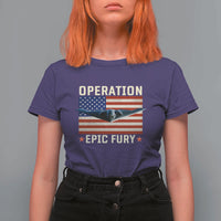Operation Epic Fury Stealth Bomber American Flag T Shirt For Women Powerful B2 Spirit USA Military Pride