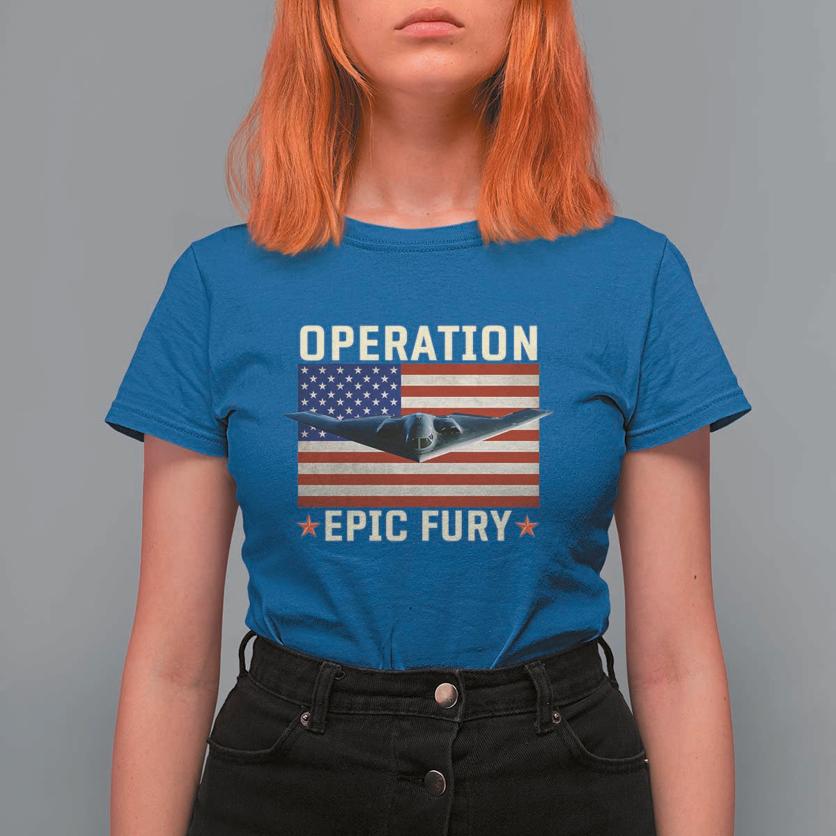 Operation Epic Fury Stealth Bomber American Flag T Shirt For Women Powerful B2 Spirit USA Military Pride