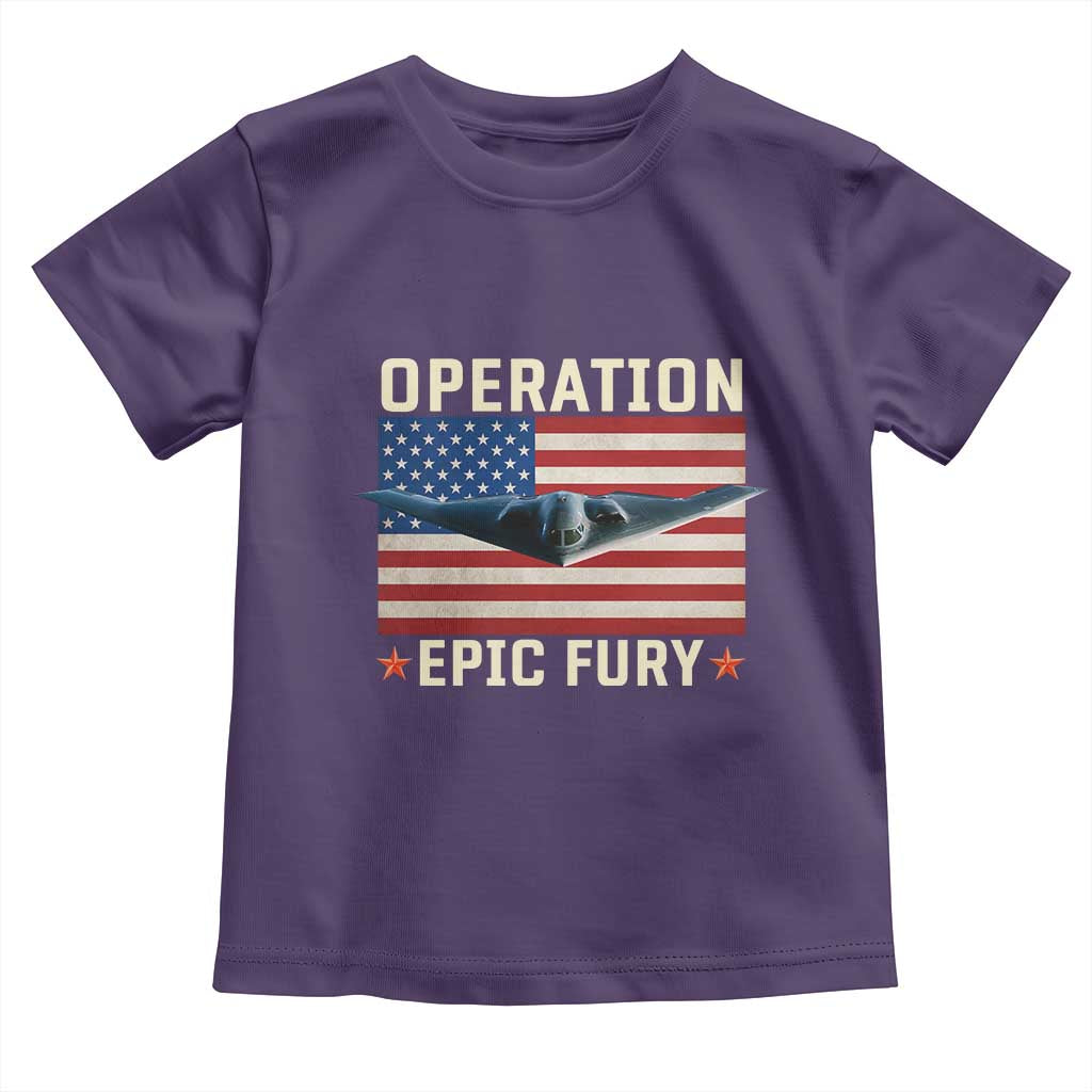 Operation Epic Fury Stealth Bomber American Flag Toddler T Shirt Powerful B2 Spirit USA Military Pride