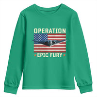 Operation Epic Fury Stealth Bomber American Flag Youth Sweatshirt Powerful B2 Spirit USA Military Pride
