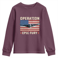 Operation Epic Fury Stealth Bomber American Flag Youth Sweatshirt Powerful B2 Spirit USA Military Pride