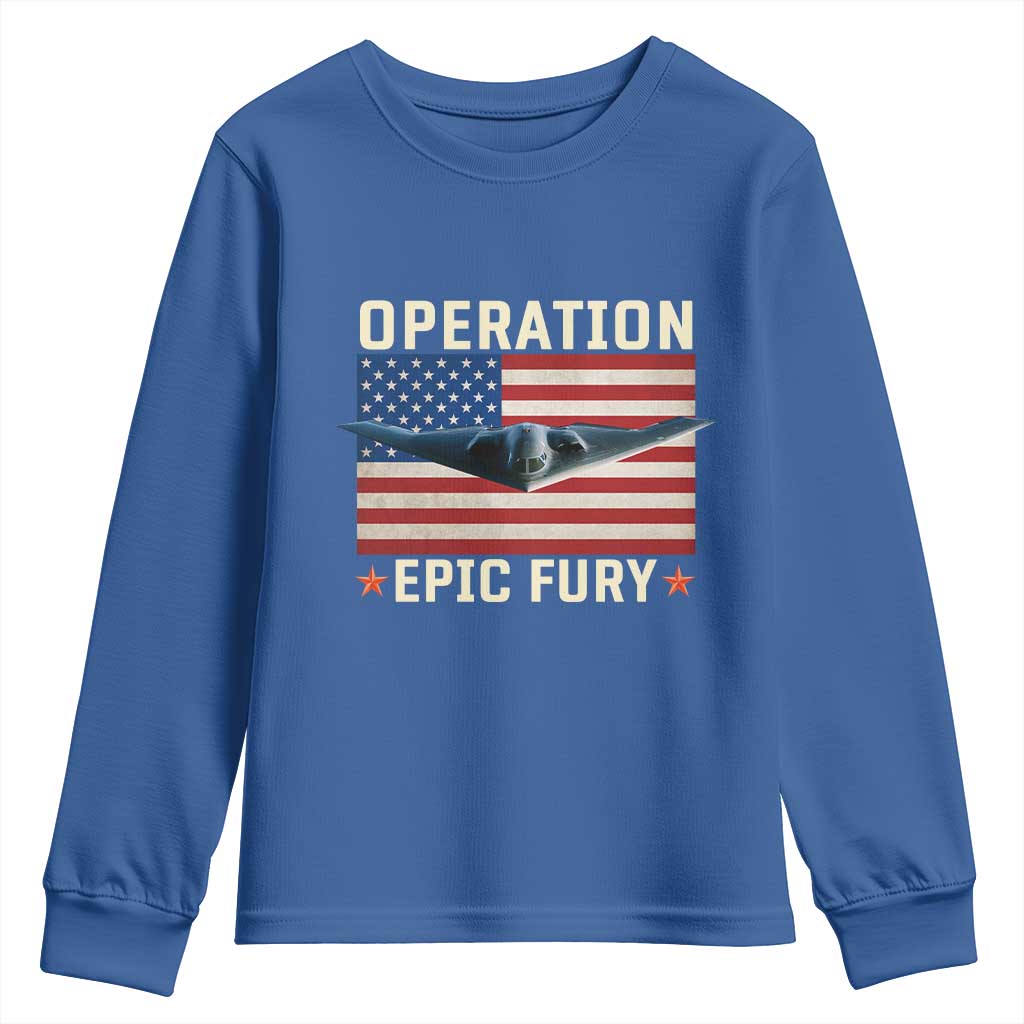 Operation Epic Fury Stealth Bomber American Flag Youth Sweatshirt Powerful B2 Spirit USA Military Pride