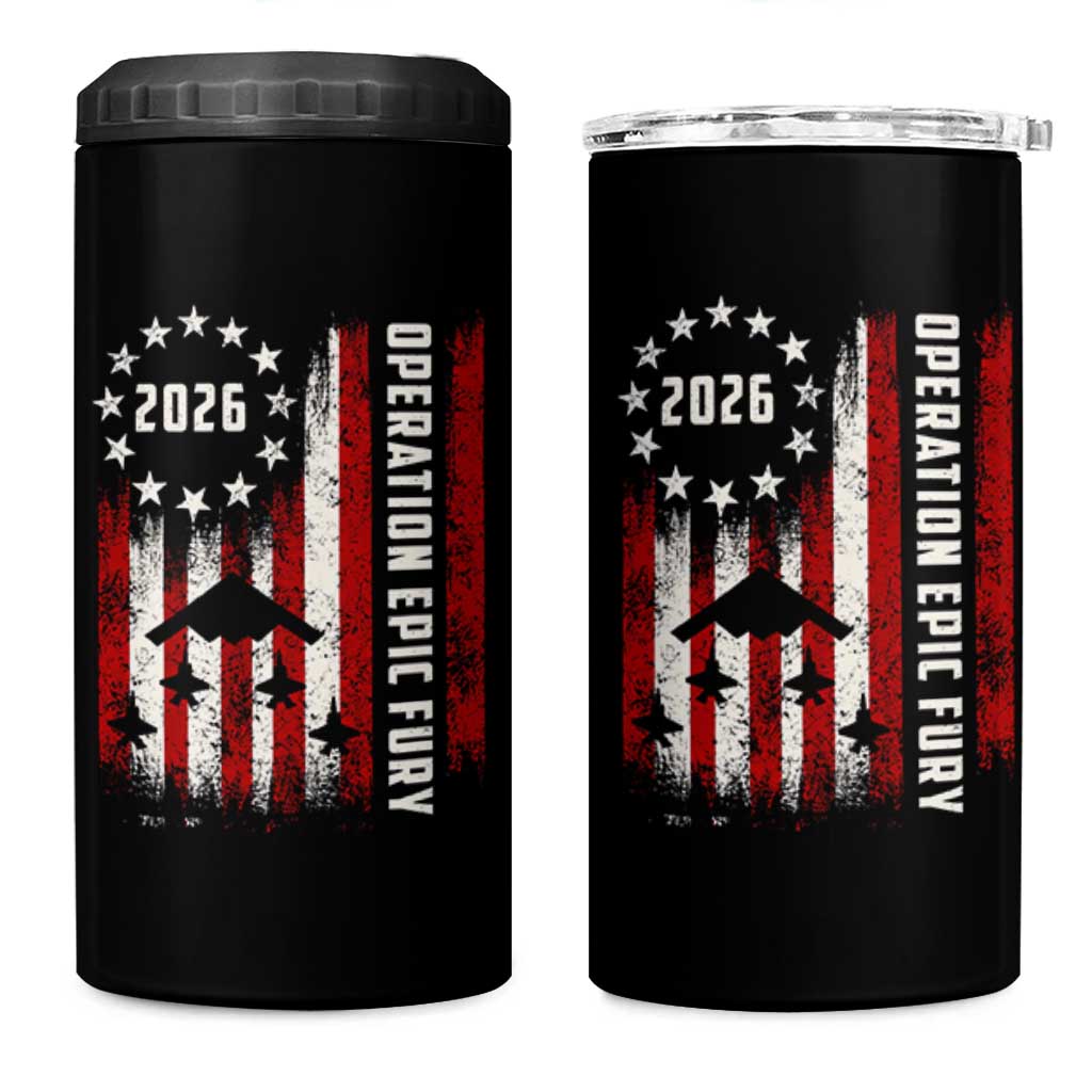 Operation Epic Fury 2026 American Flag Bomber 4 in 1 Can Cooler Tumbler B2 Spirit Patriotic Air Dominance