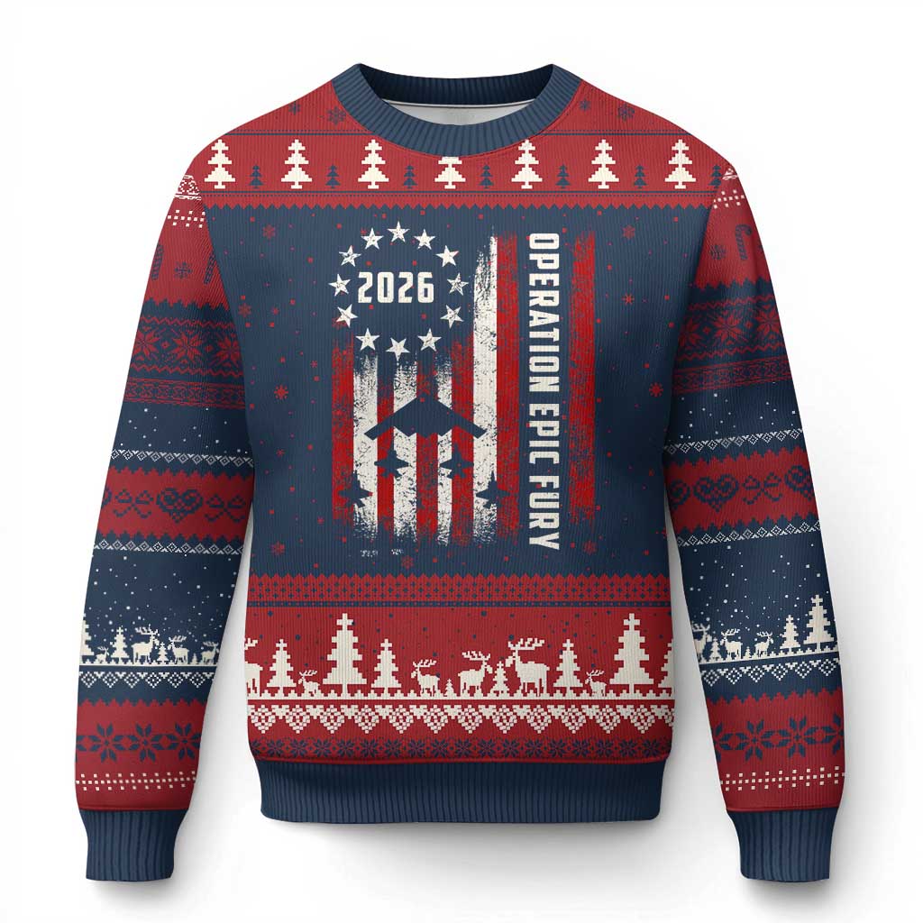 Operation Epic Fury 2026 American Flag Bomber Ugly Christmas Sweater B2 Spirit Patriotic Air Dominance