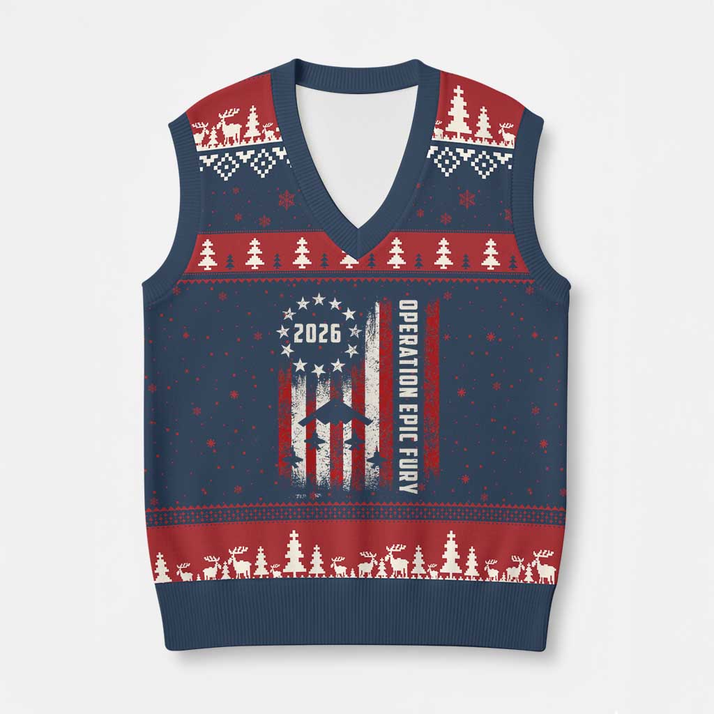 Operation Epic Fury 2026 American Flag Bomber V-Neck Knit Sweater Vest B2 Spirit Patriotic Air Dominance