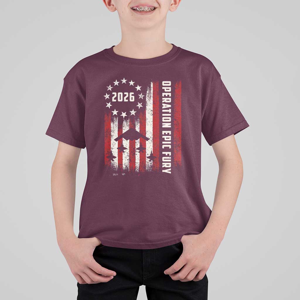 Operation Epic Fury 2026 American Flag Bomber T Shirt For Kid B2 Spirit Patriotic Air Dominance