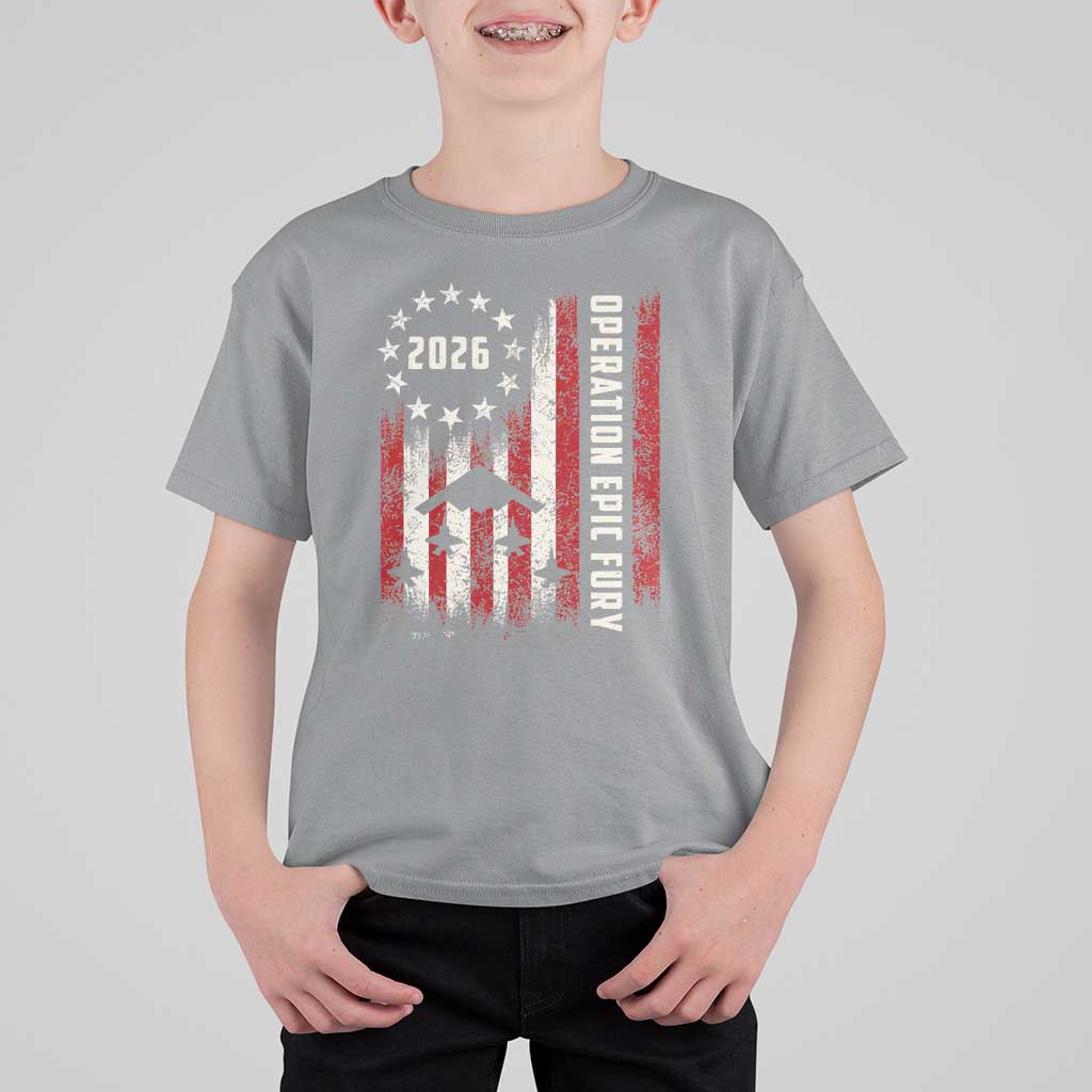 Operation Epic Fury 2026 American Flag Bomber T Shirt For Kid B2 Spirit Patriotic Air Dominance