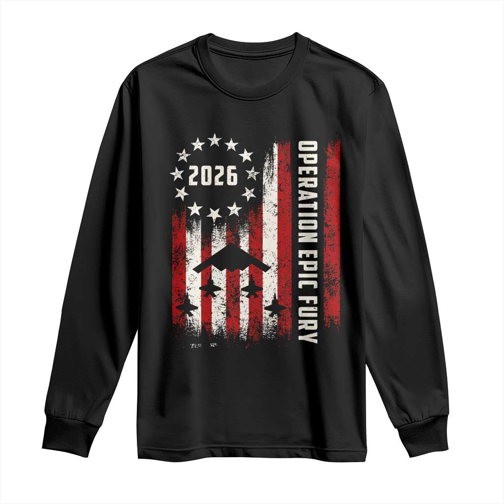 Operation Epic Fury 2026 American Flag Bomber Long Sleeve Shirt B2 Spirit Patriotic Air Dominance
