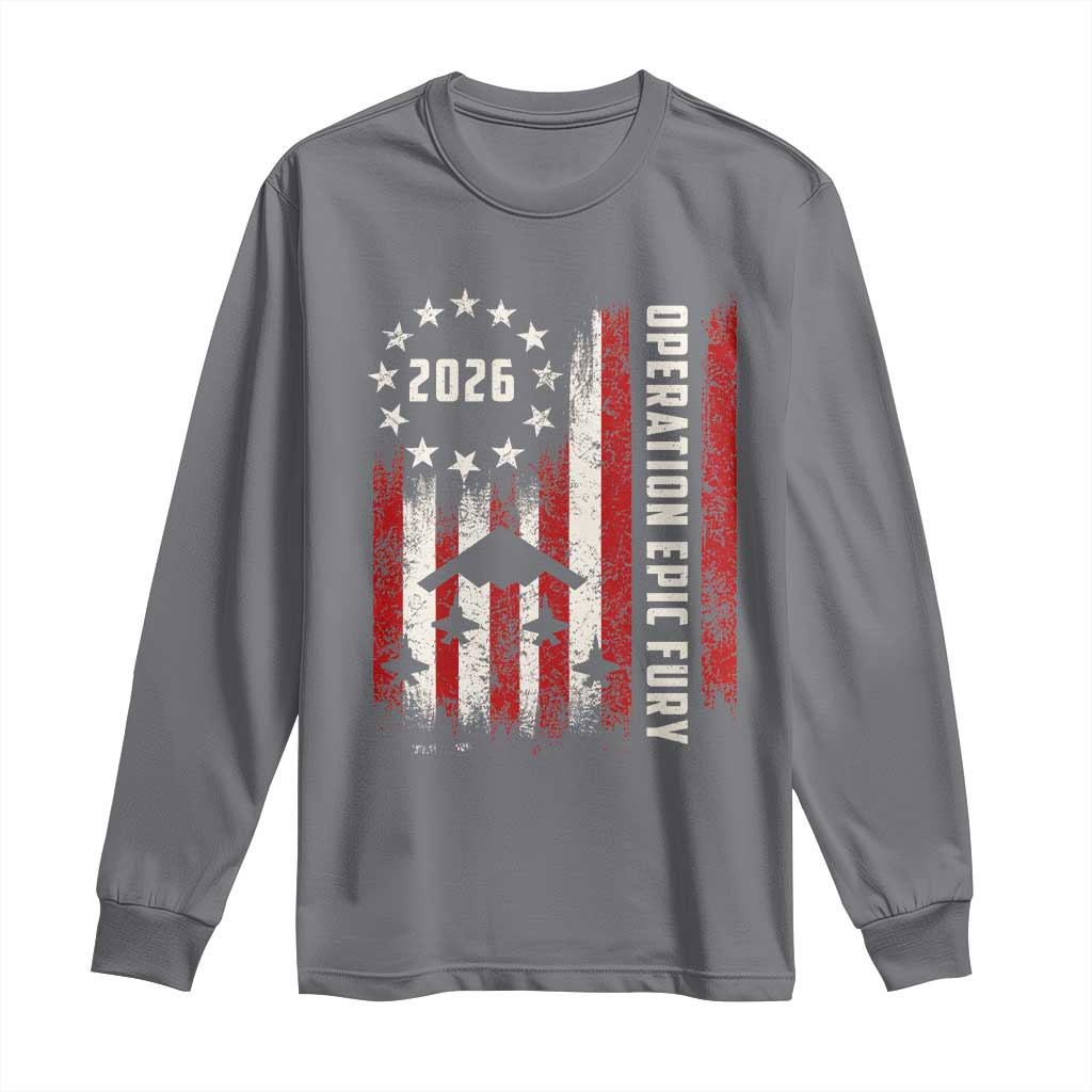 Operation Epic Fury 2026 American Flag Bomber Long Sleeve Shirt B2 Spirit Patriotic Air Dominance
