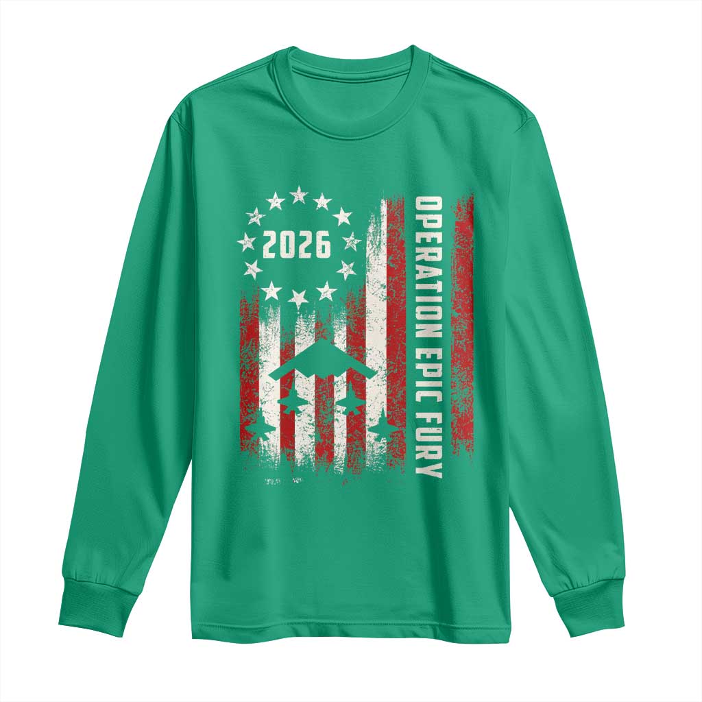 Operation Epic Fury 2026 American Flag Bomber Long Sleeve Shirt B2 Spirit Patriotic Air Dominance