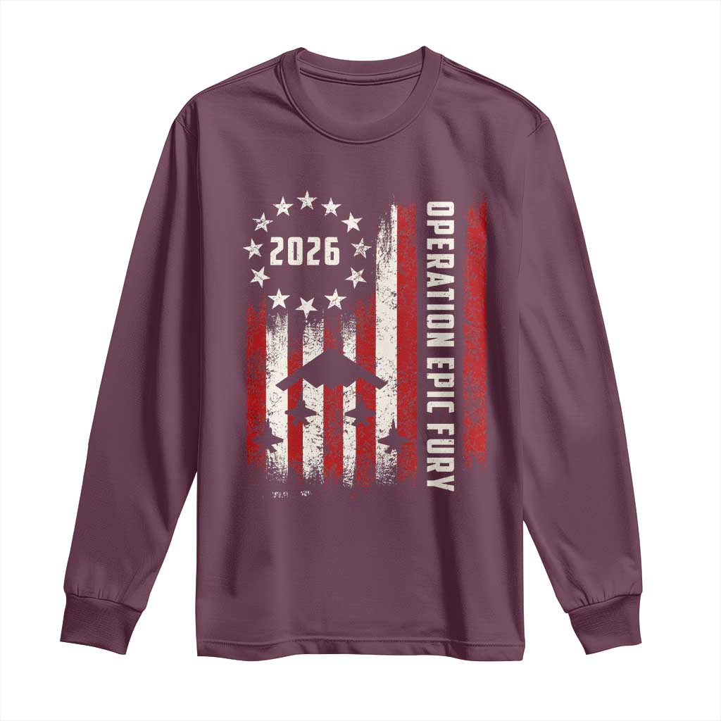Operation Epic Fury 2026 American Flag Bomber Long Sleeve Shirt B2 Spirit Patriotic Air Dominance
