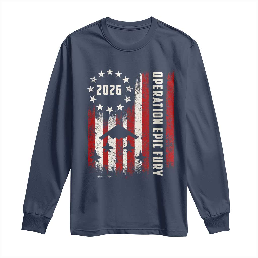 Operation Epic Fury 2026 American Flag Bomber Long Sleeve Shirt B2 Spirit Patriotic Air Dominance