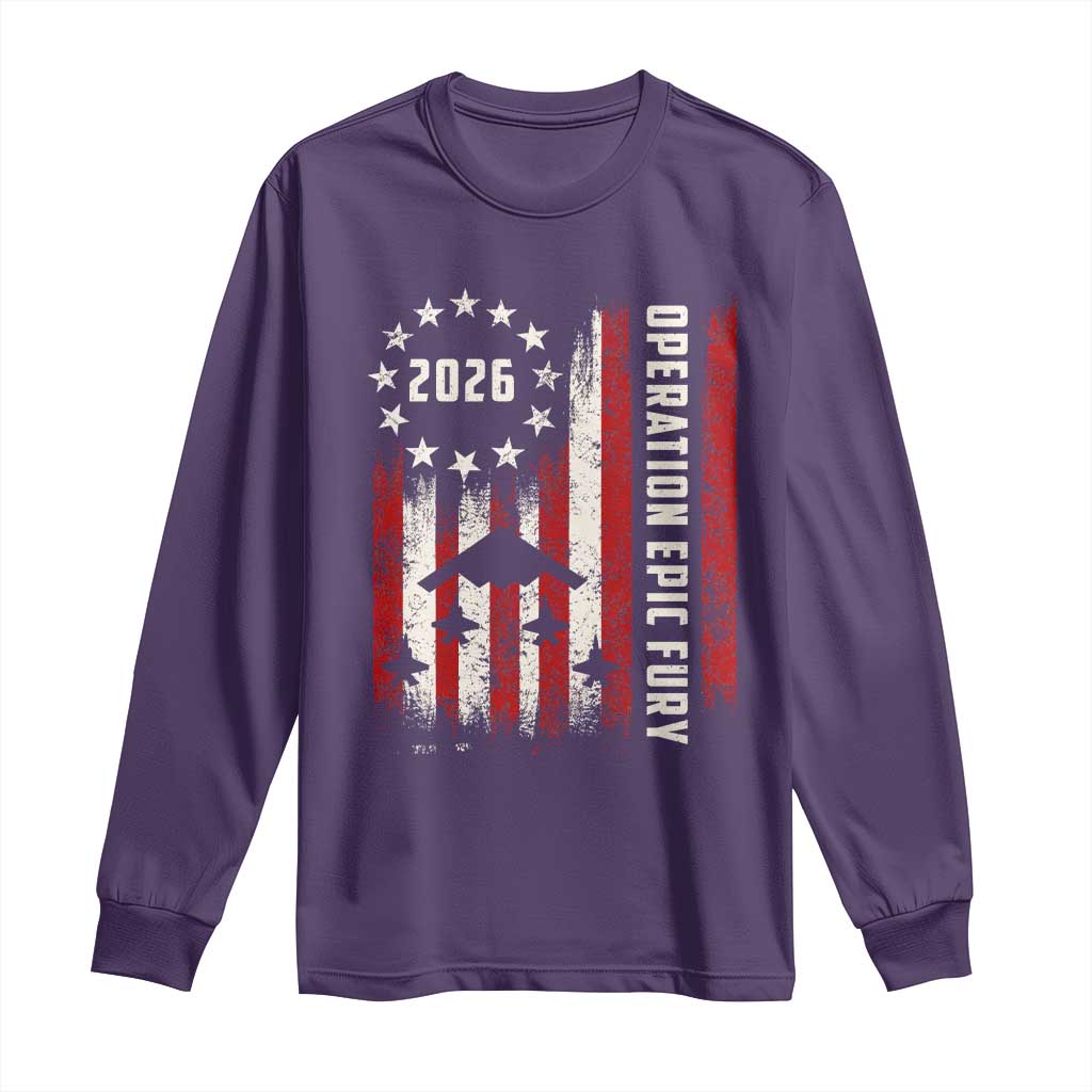 Operation Epic Fury 2026 American Flag Bomber Long Sleeve Shirt B2 Spirit Patriotic Air Dominance