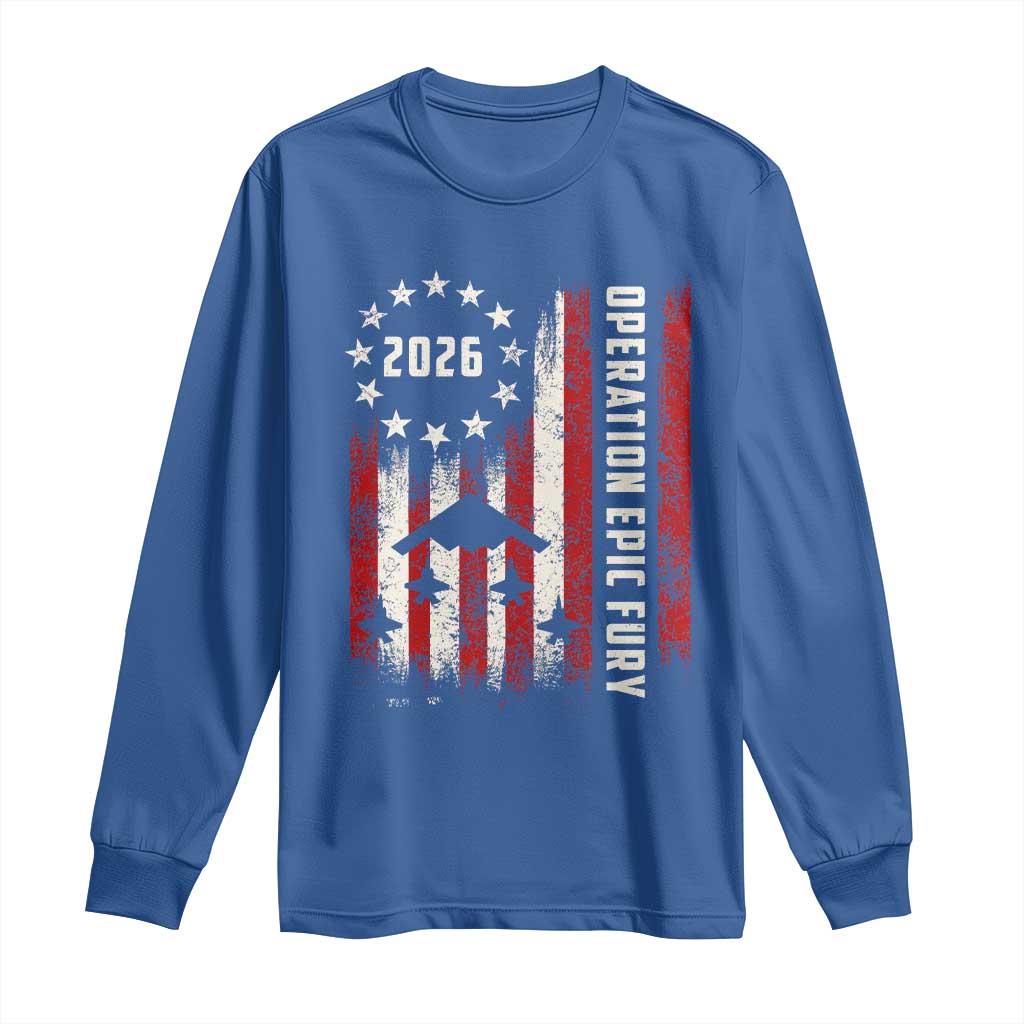 Operation Epic Fury 2026 American Flag Bomber Long Sleeve Shirt B2 Spirit Patriotic Air Dominance