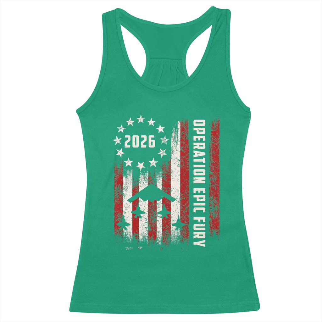 Operation Epic Fury 2026 American Flag Bomber Racerback Tank Top B2 Spirit Patriotic Air Dominance