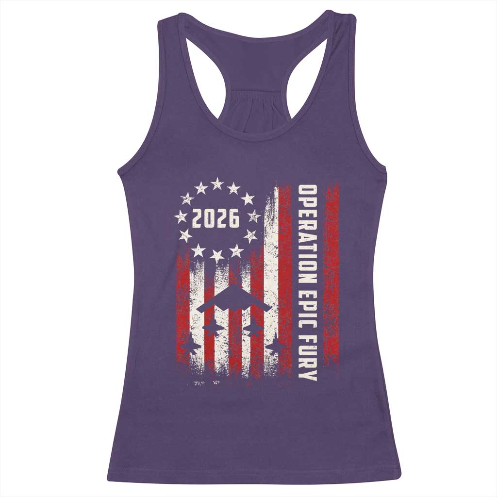 Operation Epic Fury 2026 American Flag Bomber Racerback Tank Top B2 Spirit Patriotic Air Dominance