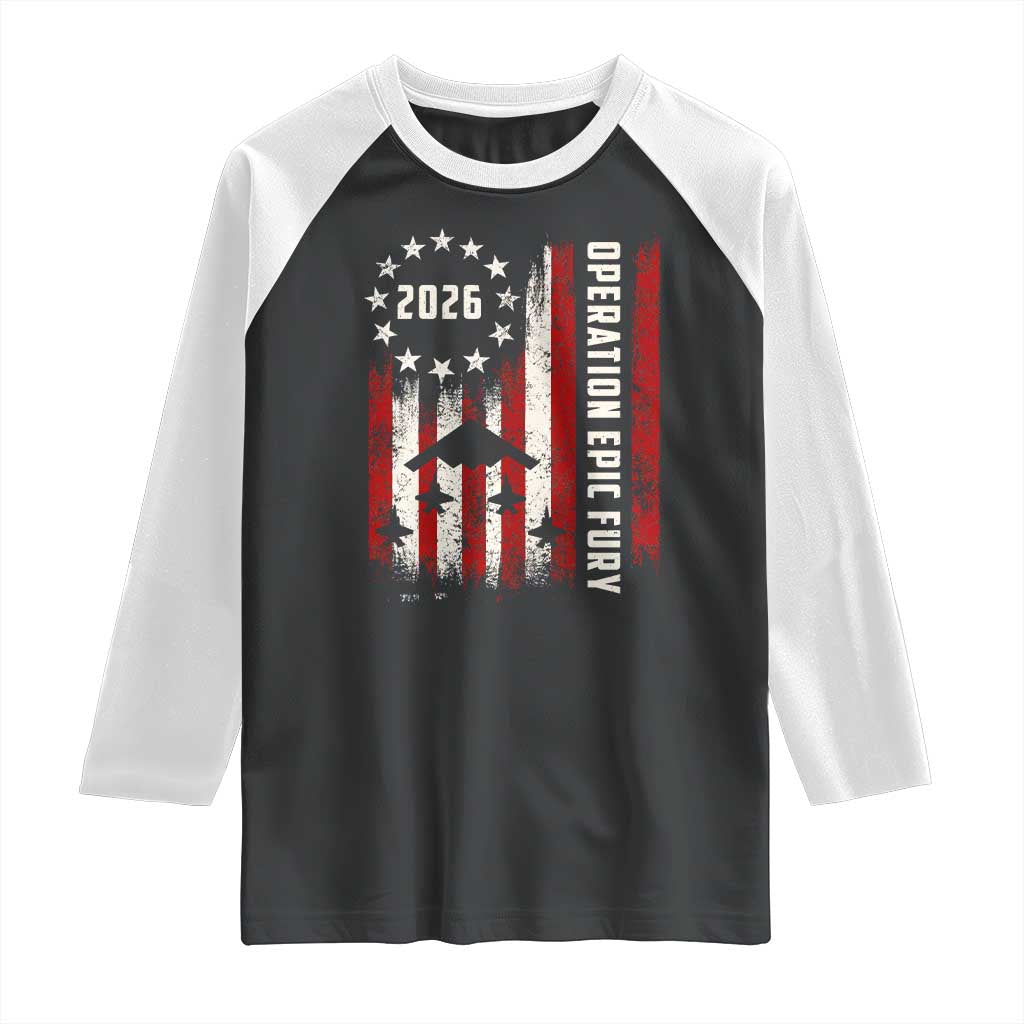 Operation Epic Fury 2026 American Flag Bomber Raglan Shirt B2 Spirit Patriotic Air Dominance
