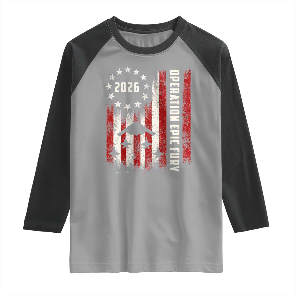 Operation Epic Fury 2026 American Flag Bomber Raglan Shirt B2 Spirit Patriotic Air Dominance