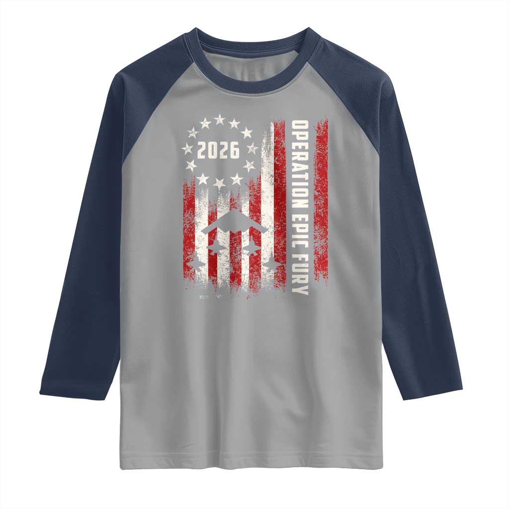 Operation Epic Fury 2026 American Flag Bomber Raglan Shirt B2 Spirit Patriotic Air Dominance