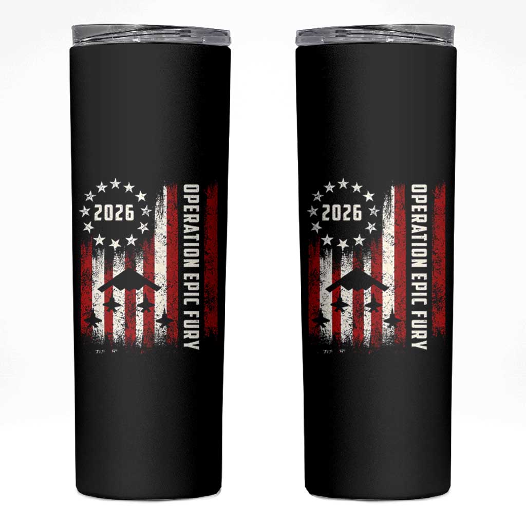 Operation Epic Fury 2026 American Flag Bomber Skinny Tumbler B2 Spirit Patriotic Air Dominance