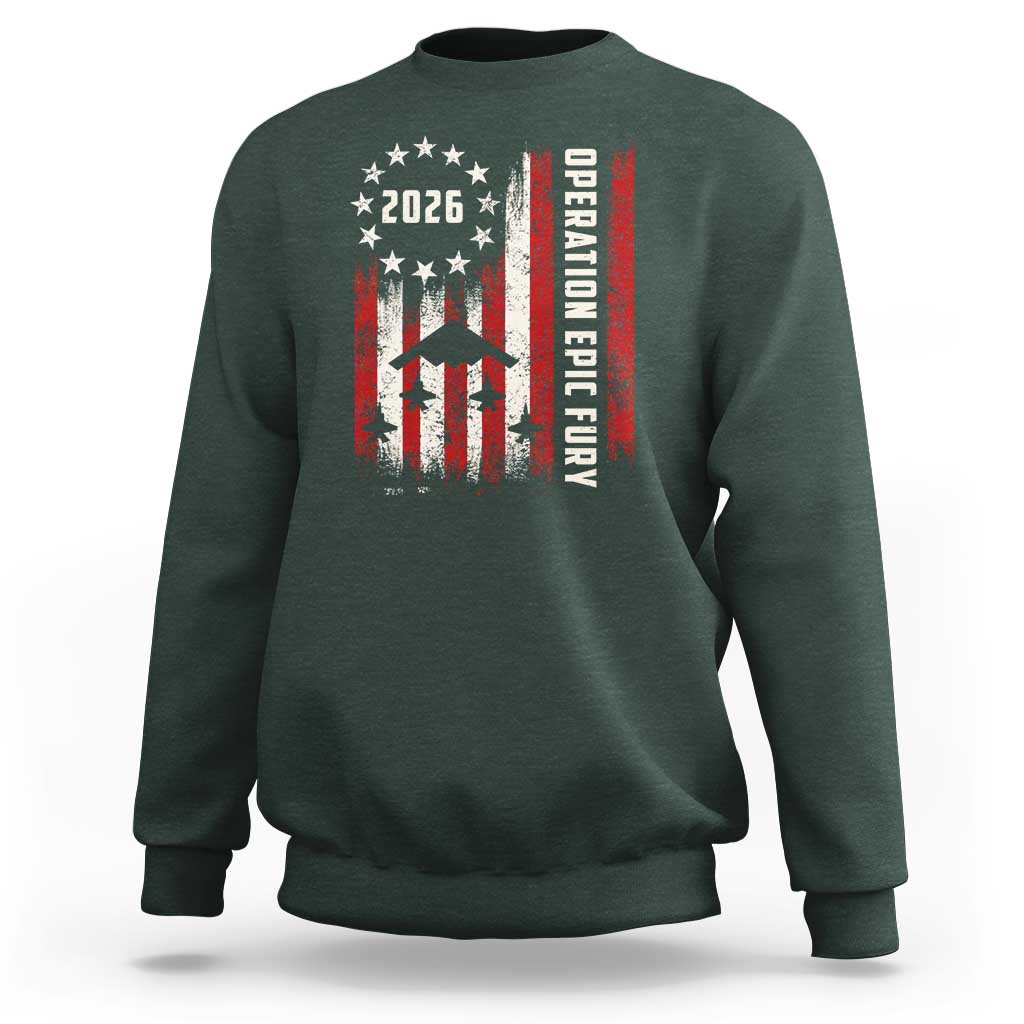Operation Epic Fury 2026 American Flag Bomber Sweatshirt B2 Spirit Patriotic Air Dominance