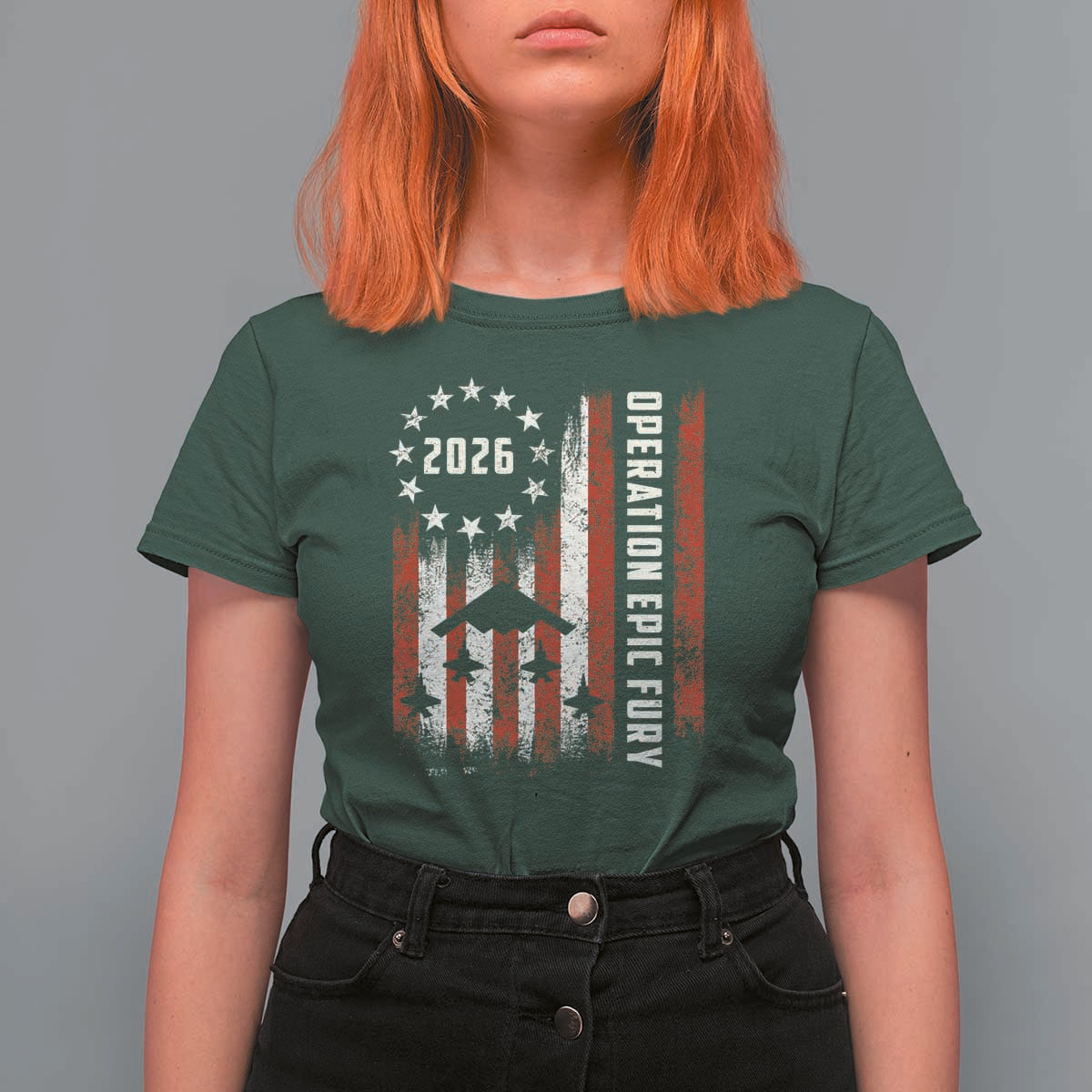 Operation Epic Fury 2026 American Flag Bomber T Shirt For Women B2 Spirit Patriotic Air Dominance