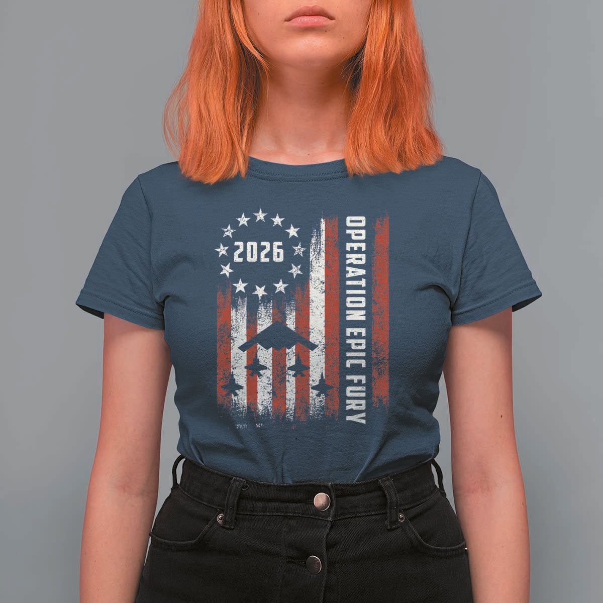 Operation Epic Fury 2026 American Flag Bomber T Shirt For Women B2 Spirit Patriotic Air Dominance