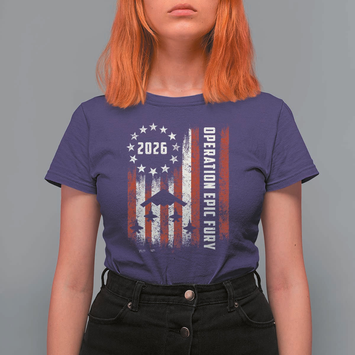 Operation Epic Fury 2026 American Flag Bomber T Shirt For Women B2 Spirit Patriotic Air Dominance