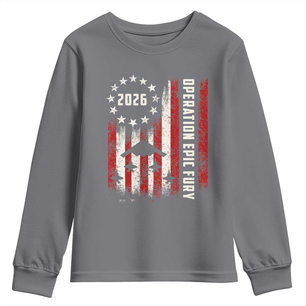 Operation Epic Fury 2026 American Flag Bomber Youth Sweatshirt B2 Spirit Patriotic Air Dominance