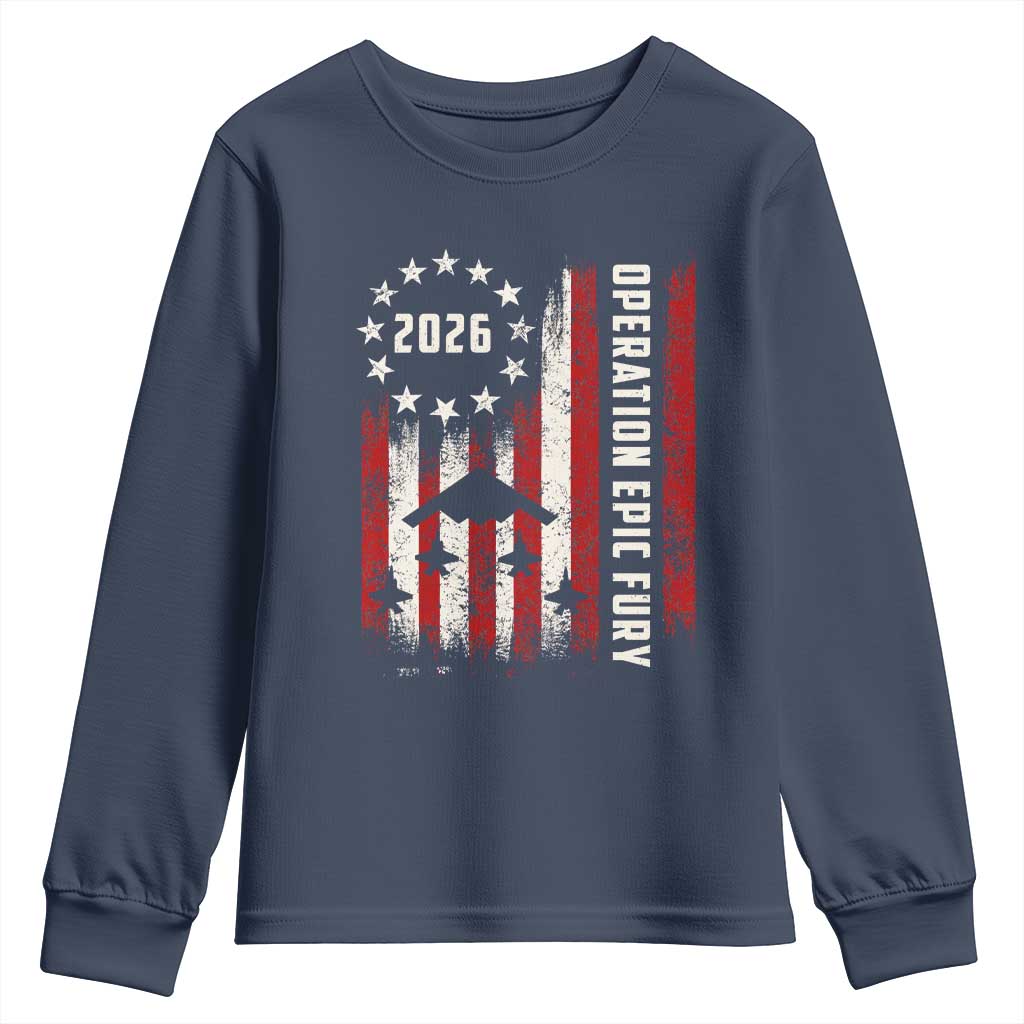Operation Epic Fury 2026 American Flag Bomber Youth Sweatshirt B2 Spirit Patriotic Air Dominance