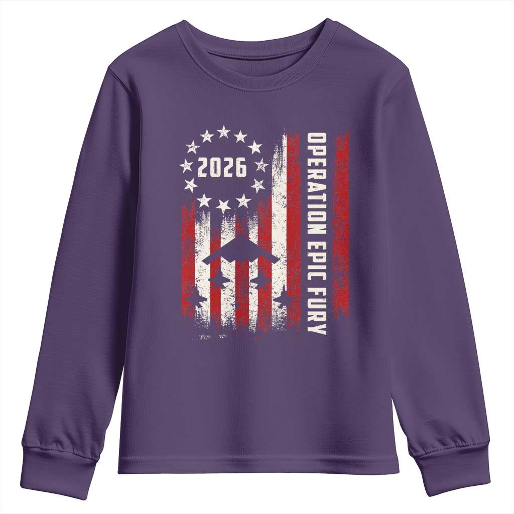 Operation Epic Fury 2026 American Flag Bomber Youth Sweatshirt B2 Spirit Patriotic Air Dominance
