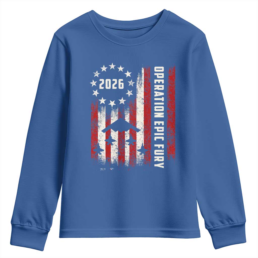 Operation Epic Fury 2026 American Flag Bomber Youth Sweatshirt B2 Spirit Patriotic Air Dominance