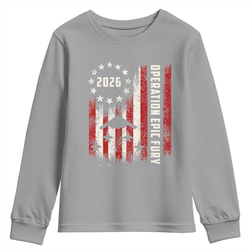 Operation Epic Fury 2026 American Flag Bomber Youth Sweatshirt B2 Spirit Patriotic Air Dominance