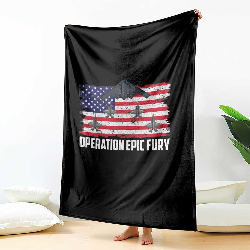 Operation Epic Fury Fighter Jet Formation American Flag Throw Blanket B12 Spirit USA Strength and Freedom