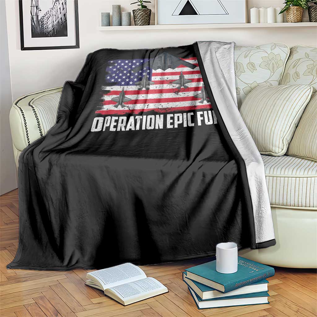 Operation Epic Fury Fighter Jet Formation American Flag Throw Blanket B12 Spirit USA Strength and Freedom