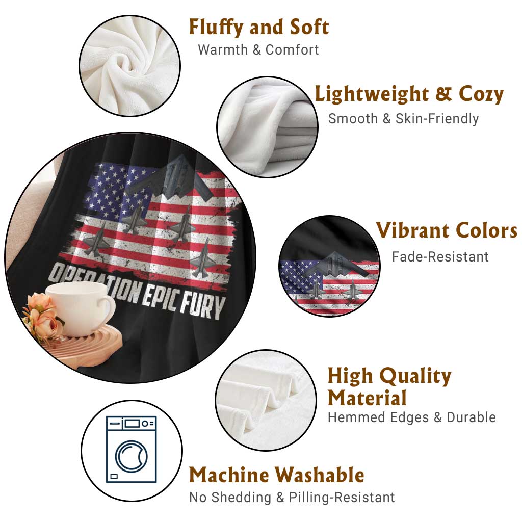Operation Epic Fury Fighter Jet Formation American Flag Throw Blanket B12 Spirit USA Strength and Freedom
