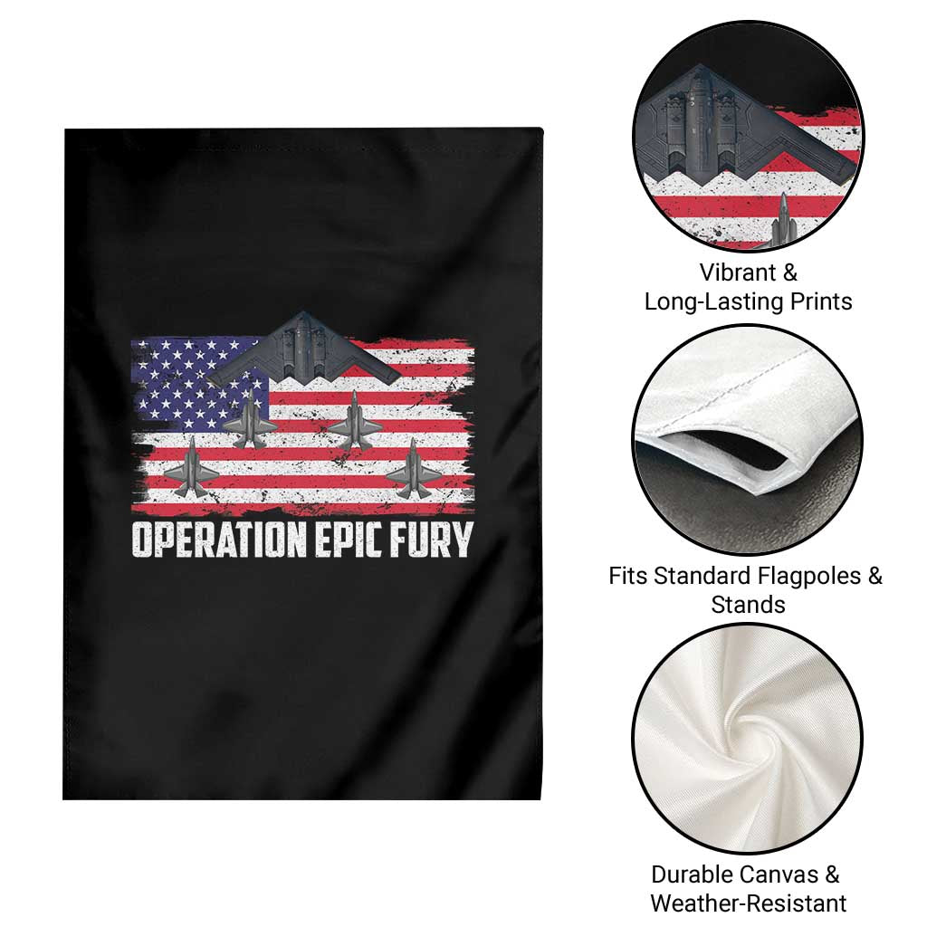 Operation Epic Fury Fighter Jet Formation American Flag Garden Flag B12 Spirit USA Strength and Freedom