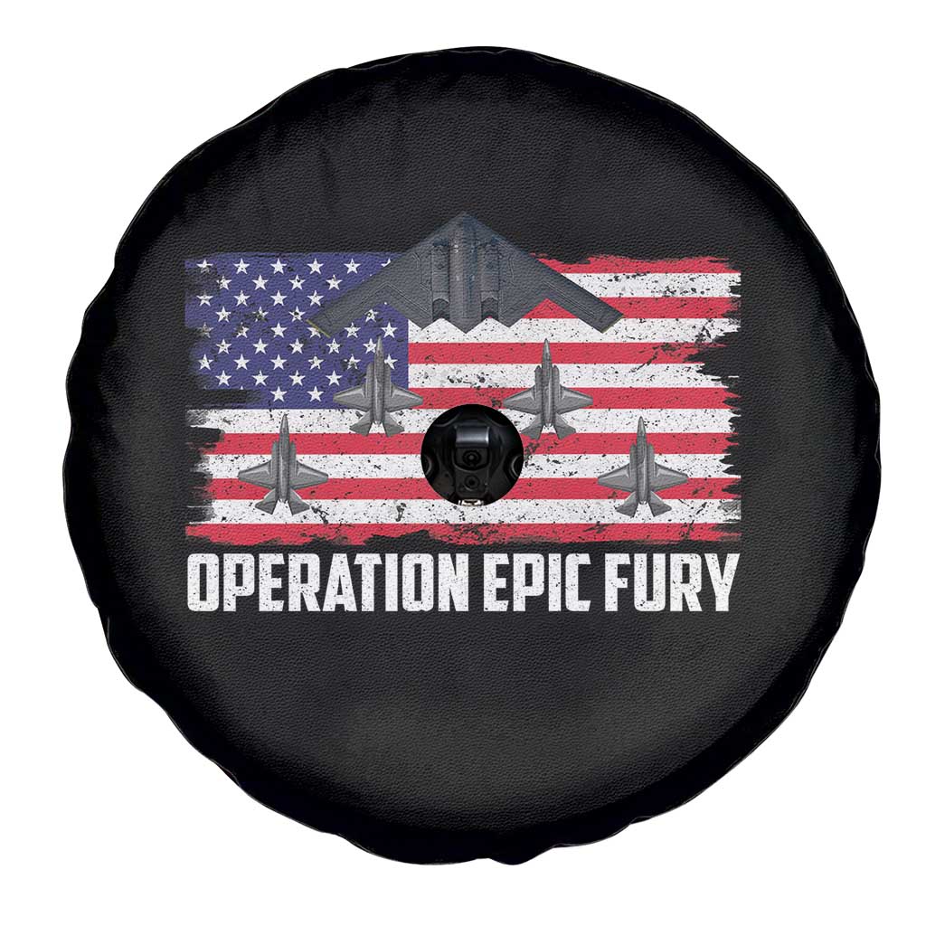 Operation Epic Fury Fighter Jet Formation American Flag Spare Tire Cover B12 Spirit USA Strength and Freedom