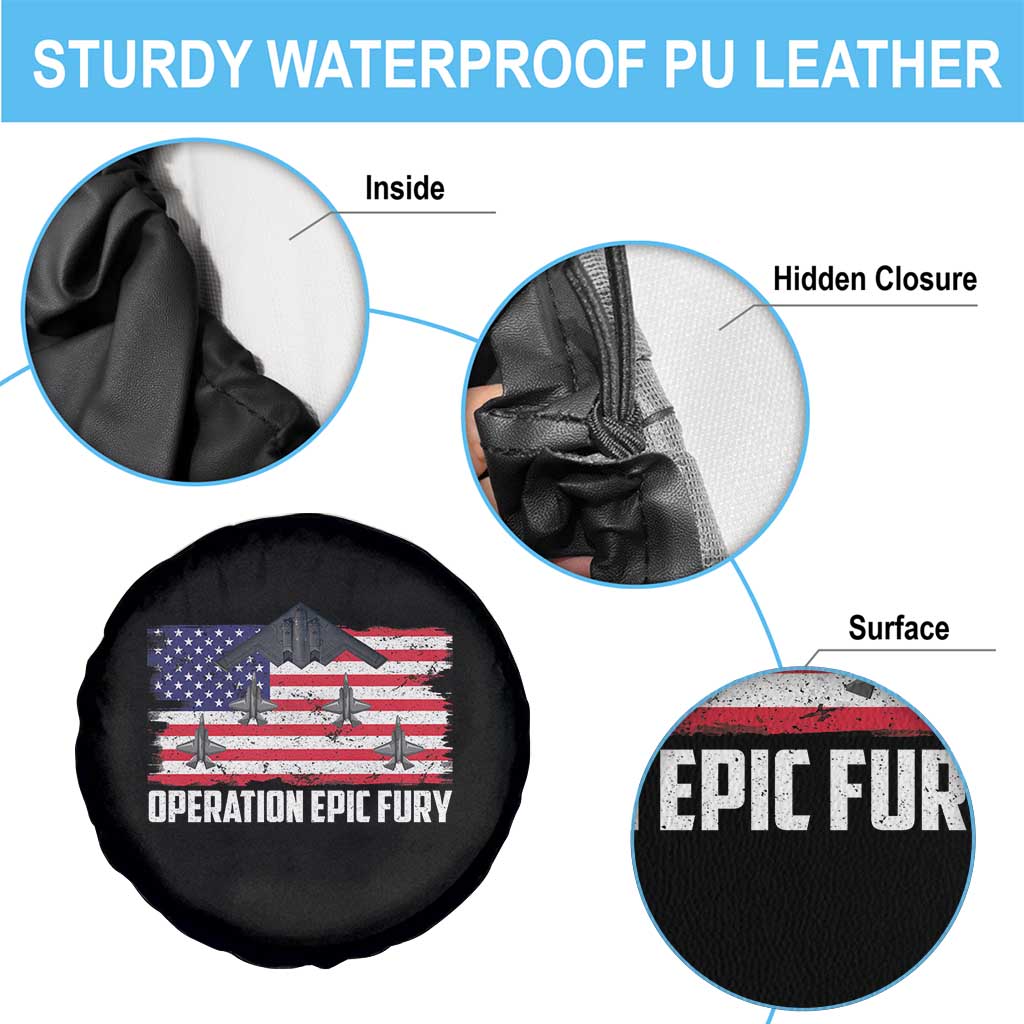 Operation Epic Fury Fighter Jet Formation American Flag Spare Tire Cover B12 Spirit USA Strength and Freedom