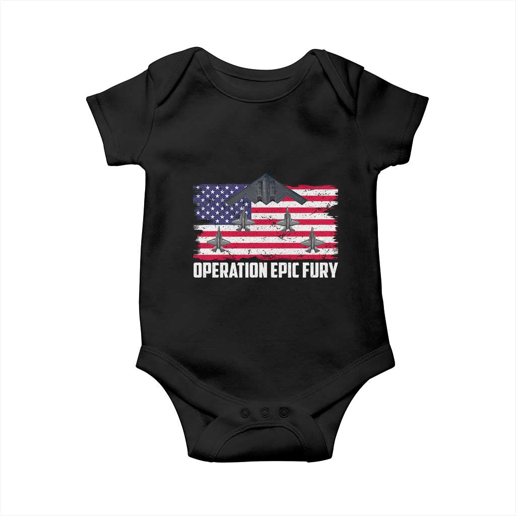 Operation Epic Fury Fighter Jet Formation American Flag Baby Onesie B12 Spirit USA Strength and Freedom