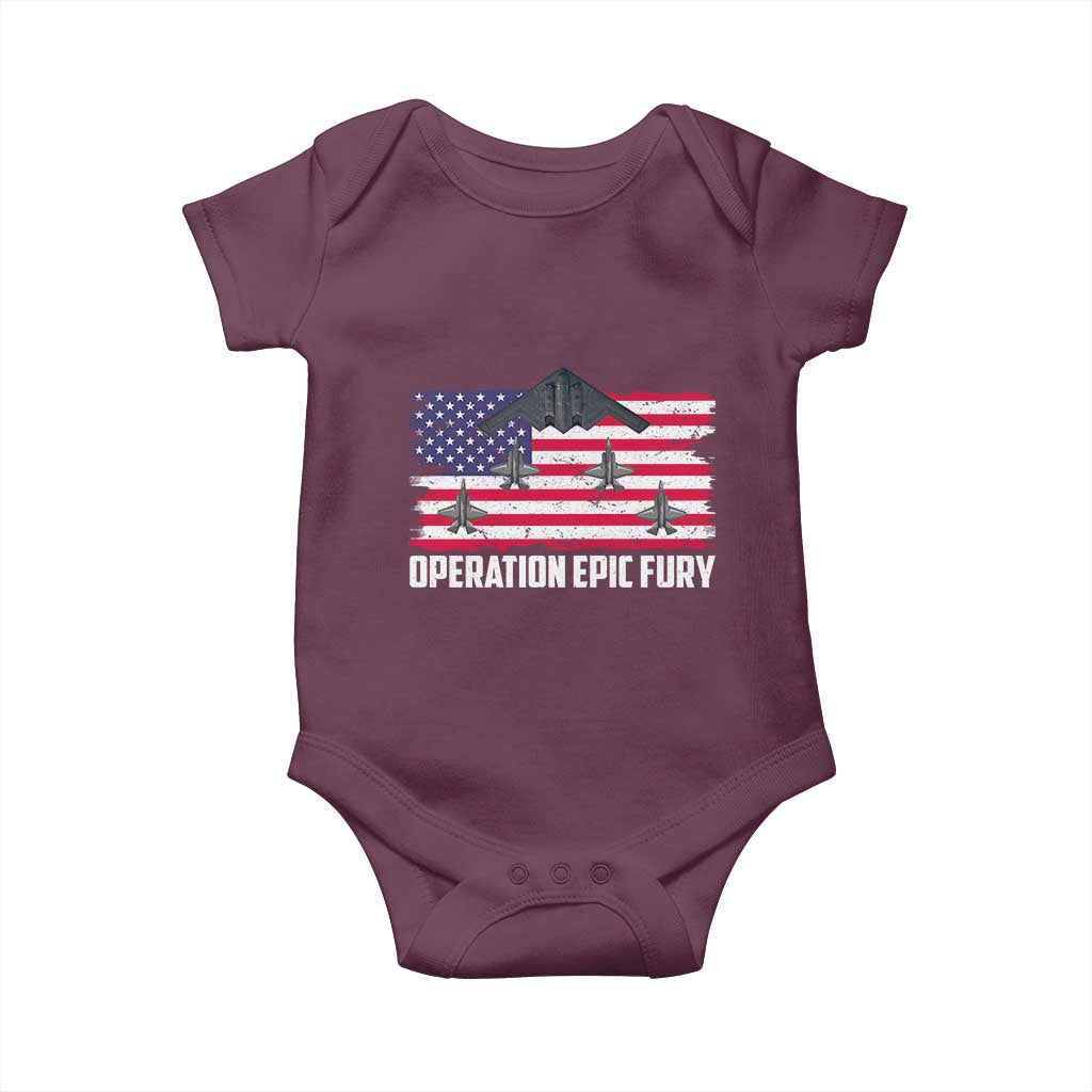 Operation Epic Fury Fighter Jet Formation American Flag Baby Onesie B12 Spirit USA Strength and Freedom