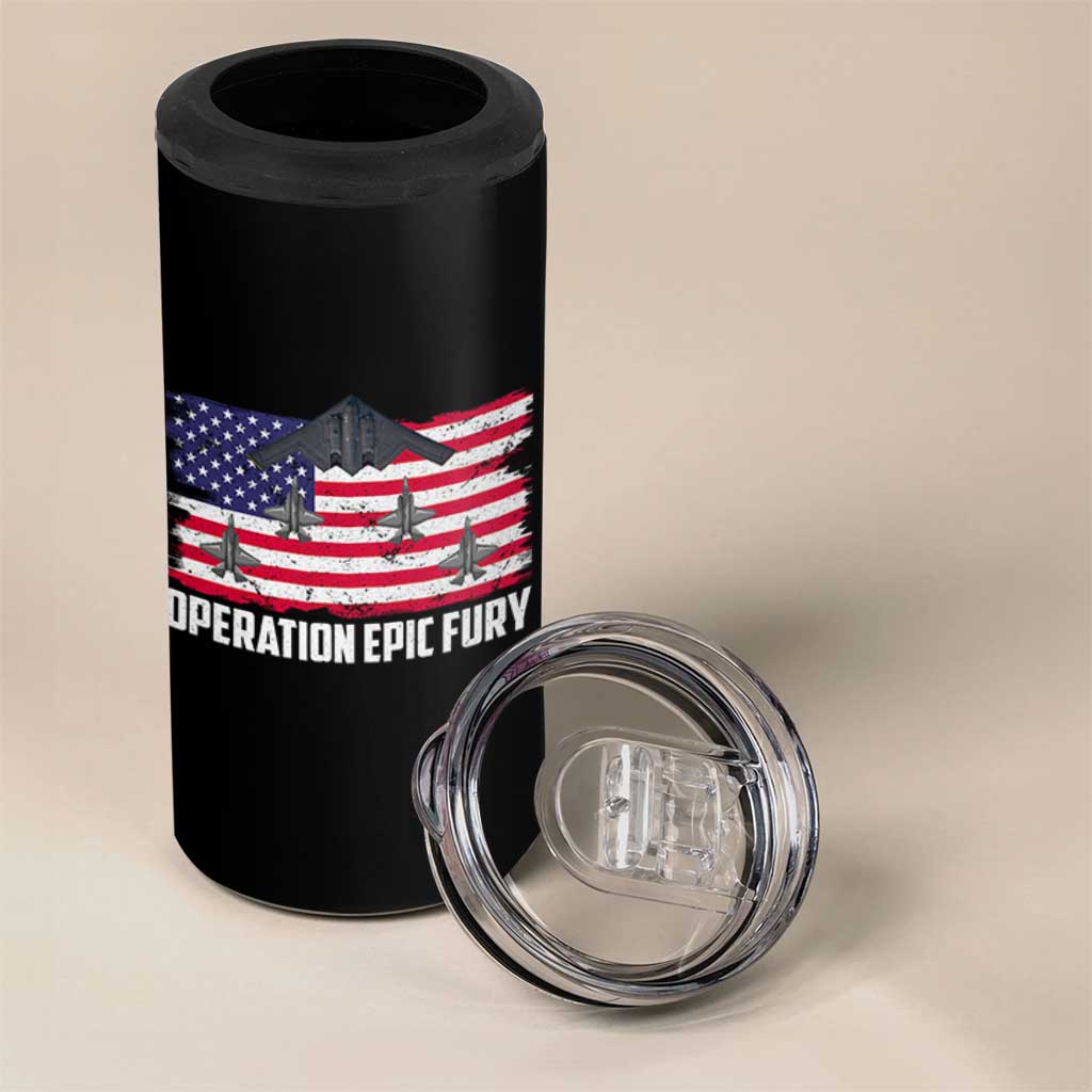 Operation Epic Fury Fighter Jet Formation American Flag 4 in 1 Can Cooler Tumbler B12 Spirit USA Strength and Freedom