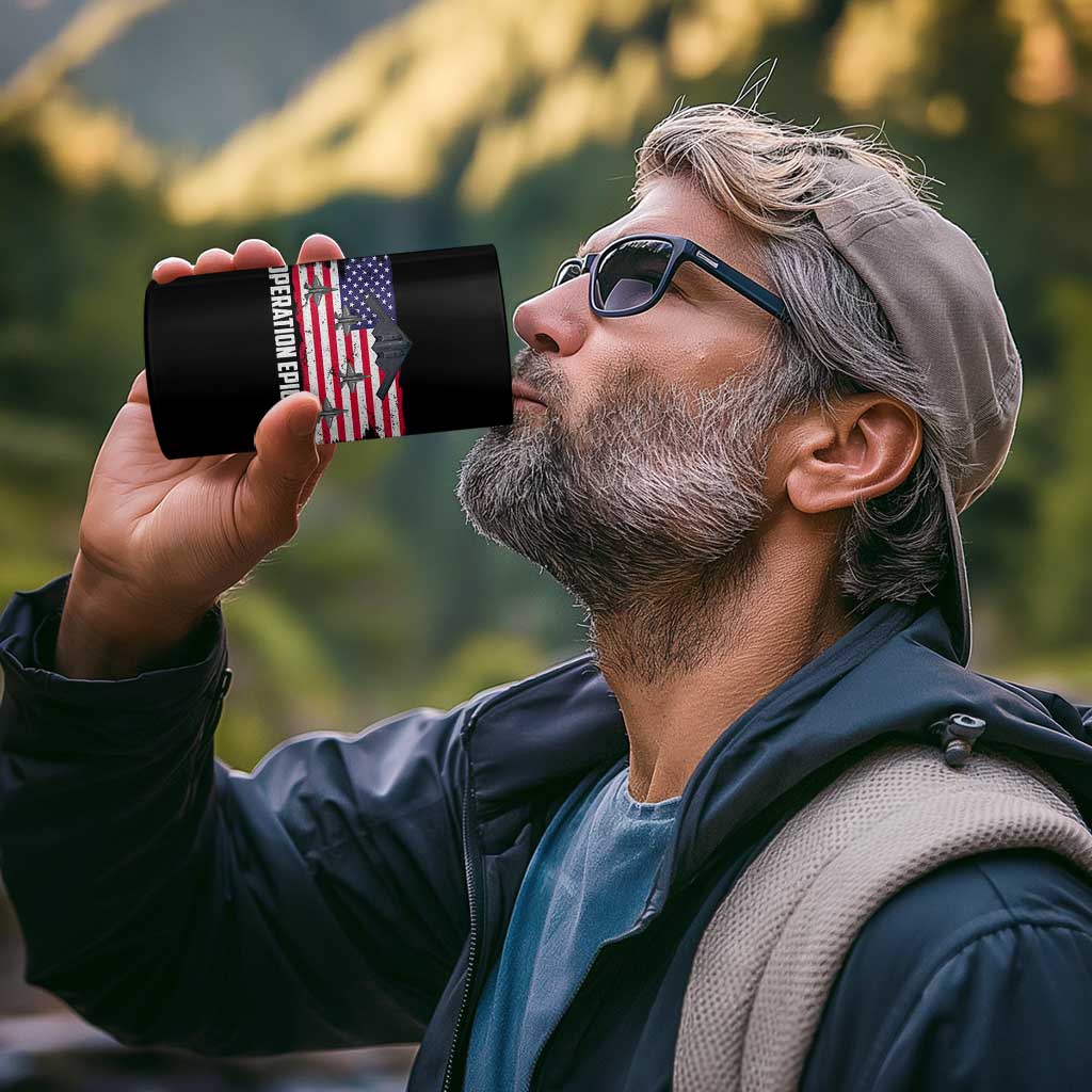Operation Epic Fury Fighter Jet Formation American Flag 4 in 1 Can Cooler Tumbler B12 Spirit USA Strength and Freedom