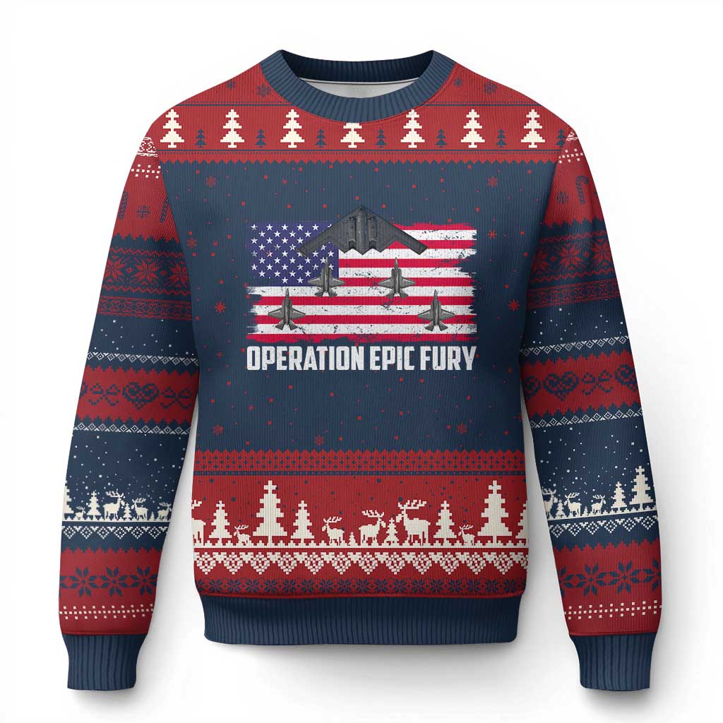 Operation Epic Fury Fighter Jet Formation American Flag Ugly Christmas Sweater B12 Spirit USA Strength and Freedom