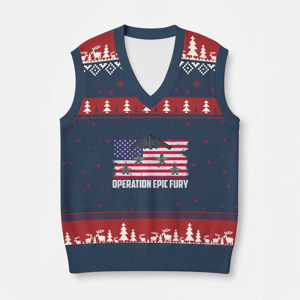 Operation Epic Fury Fighter Jet Formation American Flag V-Neck Knit Sweater Vest B12 Spirit USA Strength and Freedom