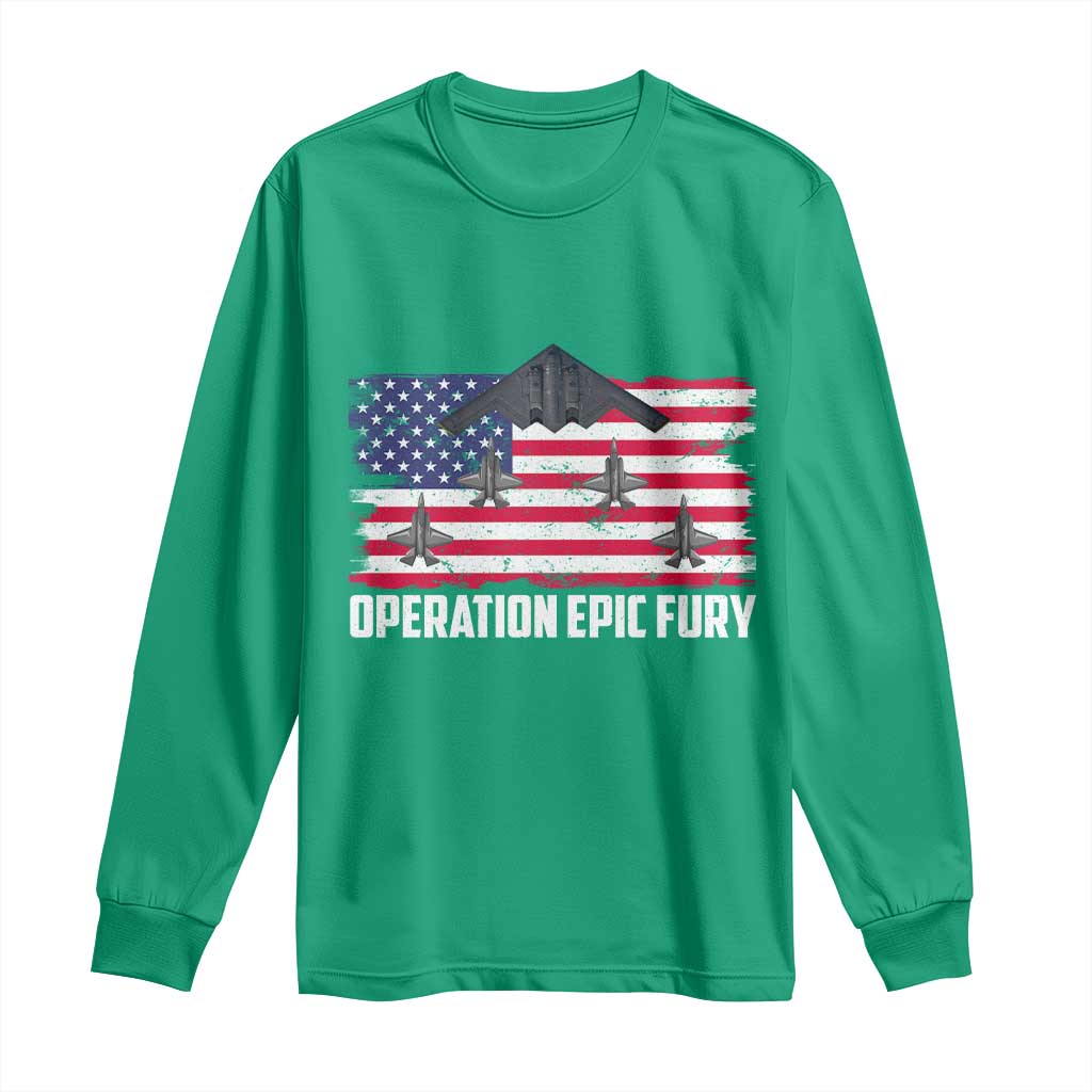 Operation Epic Fury Fighter Jet Formation American Flag Long Sleeve Shirt B12 Spirit USA Strength and Freedom
