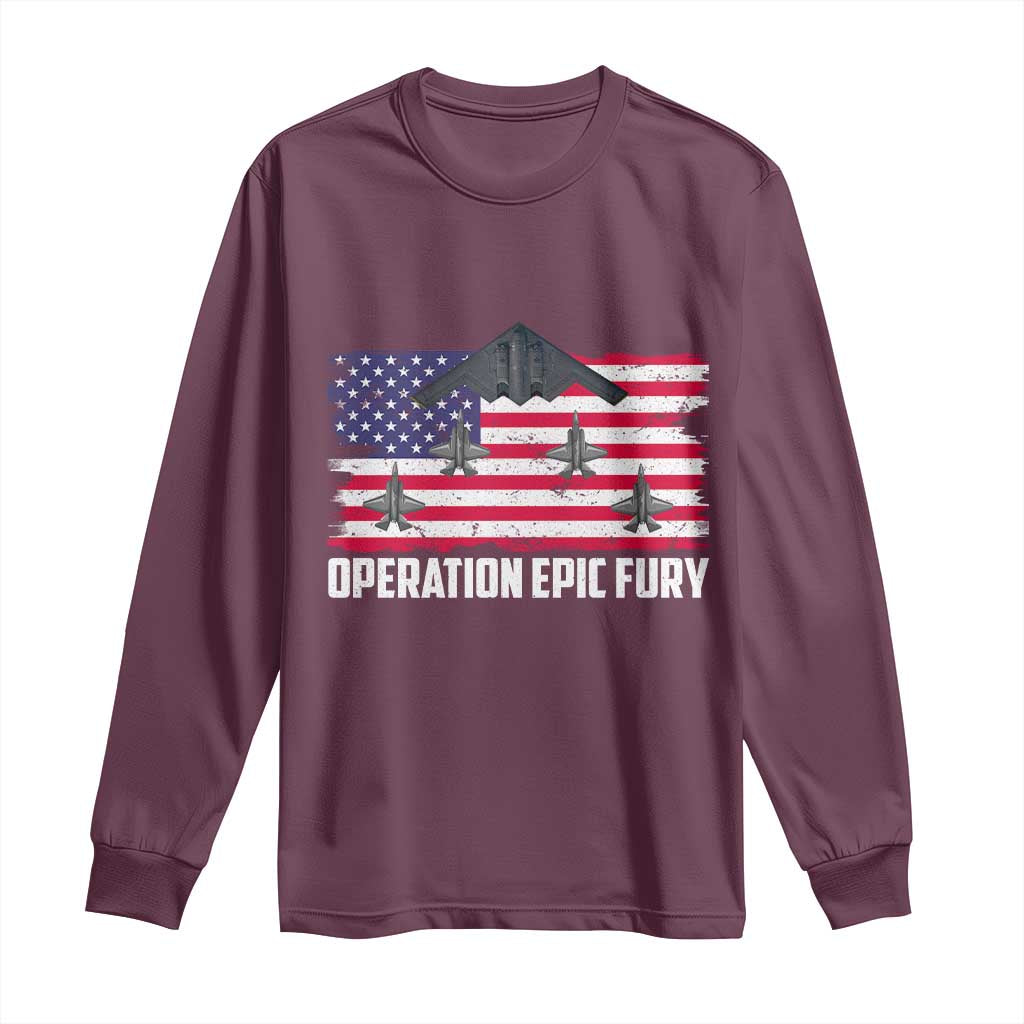 Operation Epic Fury Fighter Jet Formation American Flag Long Sleeve Shirt B12 Spirit USA Strength and Freedom