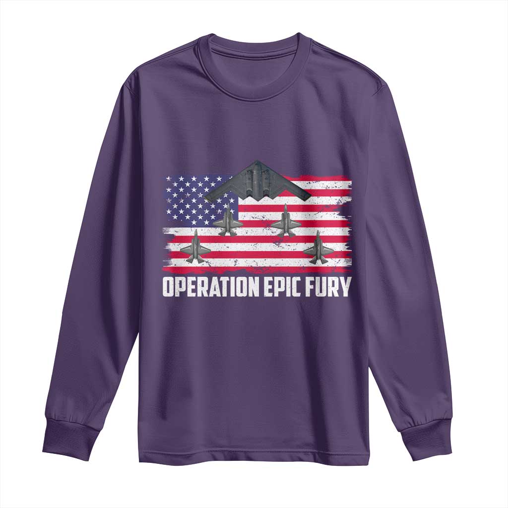 Operation Epic Fury Fighter Jet Formation American Flag Long Sleeve Shirt B12 Spirit USA Strength and Freedom