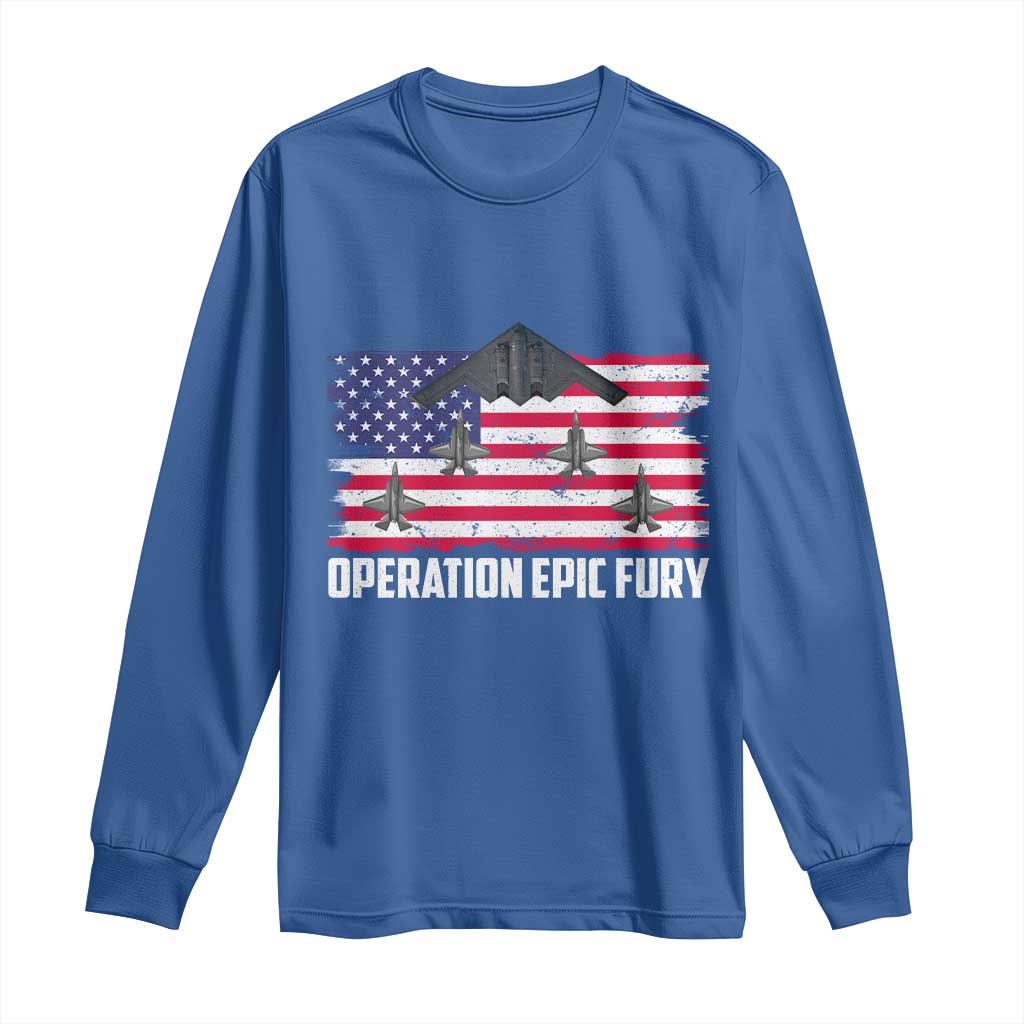 Operation Epic Fury Fighter Jet Formation American Flag Long Sleeve Shirt B12 Spirit USA Strength and Freedom