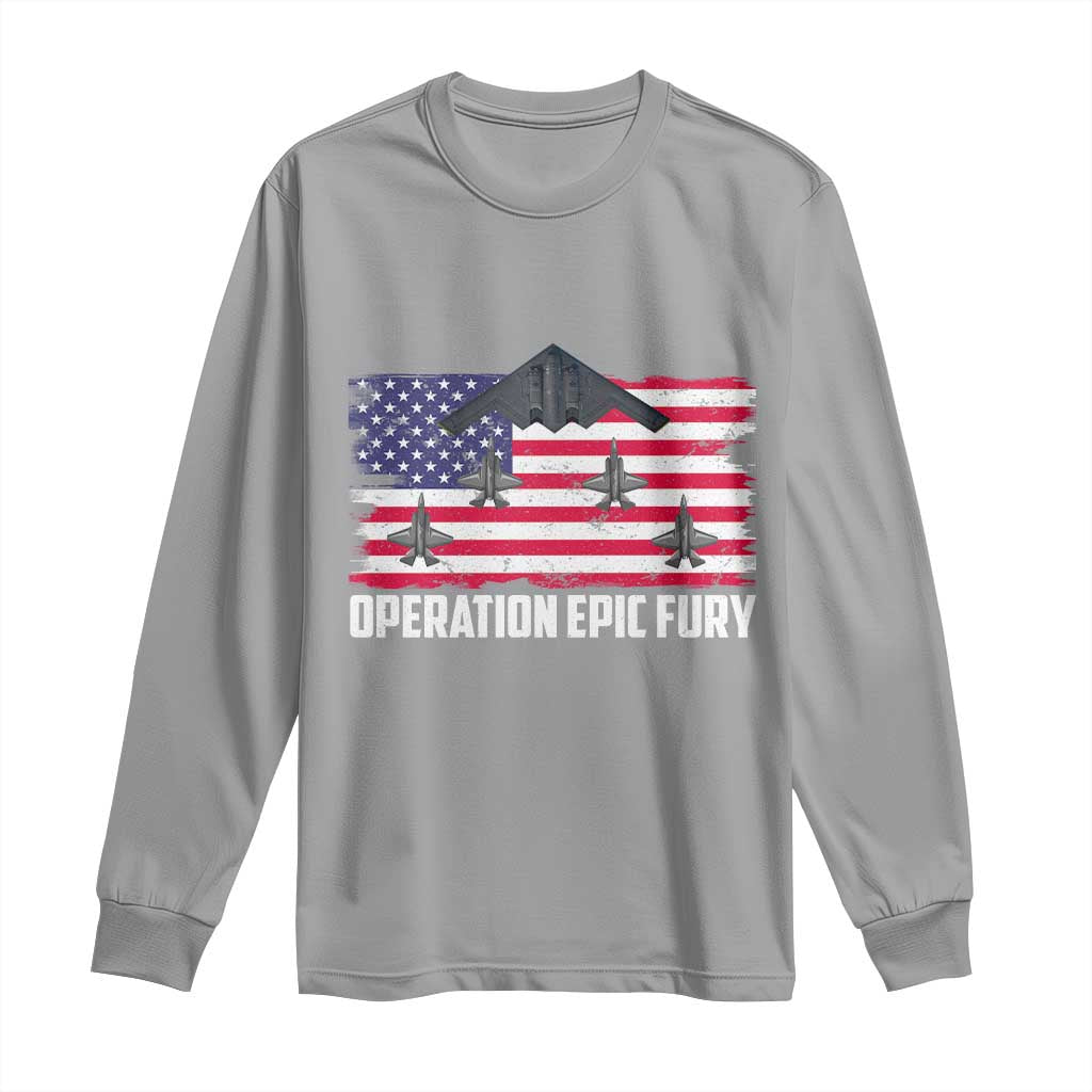 Operation Epic Fury Fighter Jet Formation American Flag Long Sleeve Shirt B12 Spirit USA Strength and Freedom